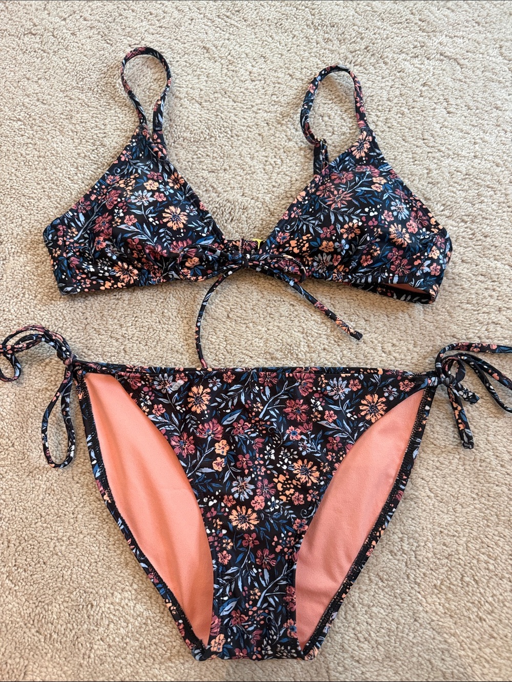 Xhilaration Black Floral Tie-Side Bikini with Coral Lining
